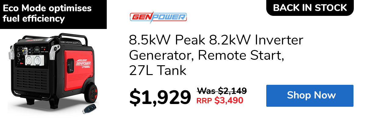 8.5kW Peak 8.2kW Inverter Generator, Remote Start, 27L Tank