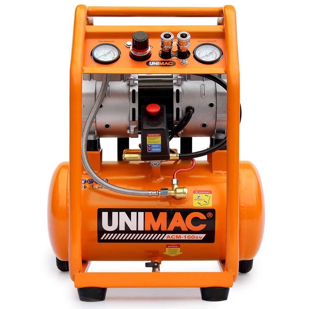 Image of UNIMAC 16L Silent Oil-Free Electric Air Compressor, 116PSI Portable with Wheels and Handle, Twin Nitto Outlets for Airtools, Tyre Inflation