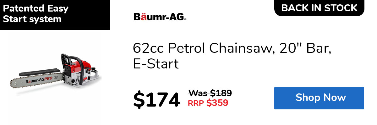 62cc Petrol Chainsaw, 20" Bar, E-Start