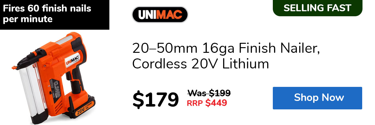 20–50mm 16ga Finish Nailer, Cordless 20V Lithium