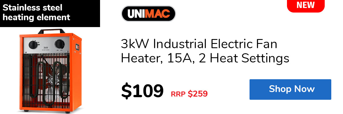 3kW Industrial Electric Fan Heater, 15A, 2 Heat Settings