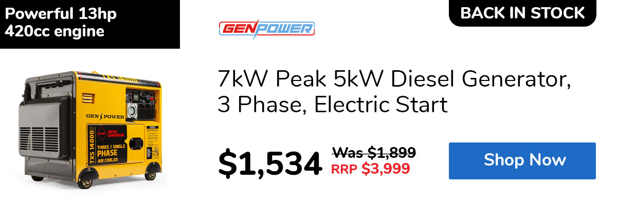 7kW Peak 5kW Diesel Generator, 3 Phase, Electric Start