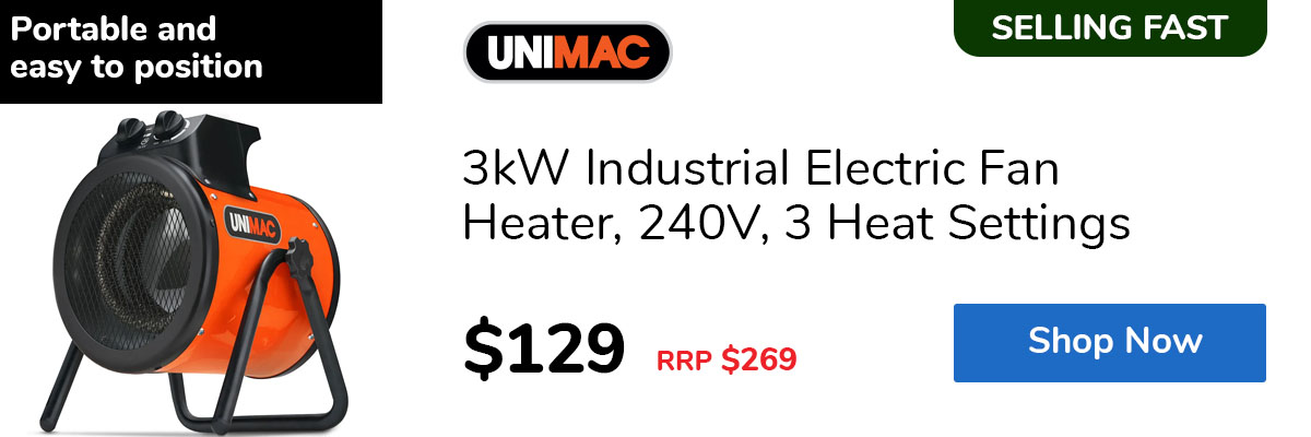 3kW Industrial Electric Fan Heater, 240V, 3 Heat Settings