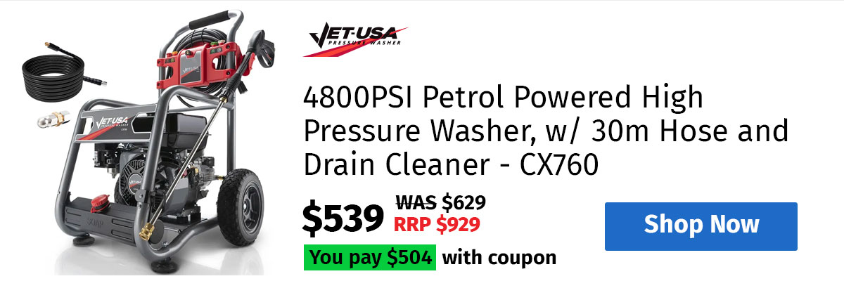 JET-USA 4800PSI Petrol Powered High Pressure Washer, w/ 30m Hose and Drain Cleaner - CX760