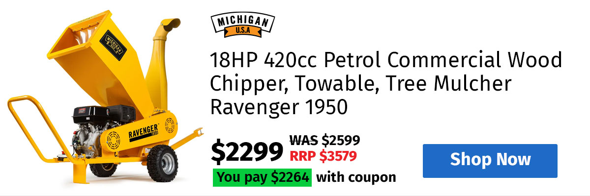 MICHIGAN 18HP 420cc Petrol Commercial Wood Chipper, Towable, Tree Mulcher - Ravenger 1950