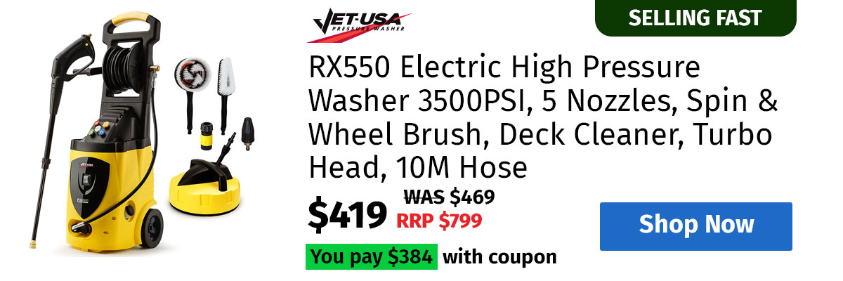 JET-USA RX550 Electric High Pressure Washer 3500PSI, 5 Nozzles, Spin & Wheel Brush, Deck Cleaner, Turbo Head, 10M Hose