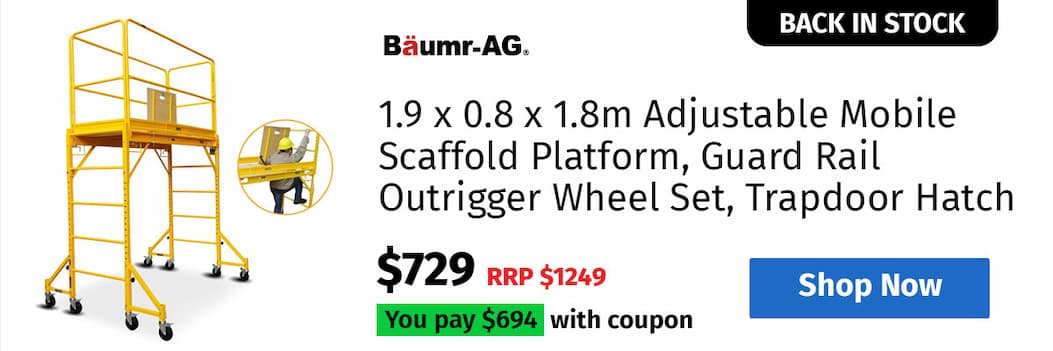 Baumr-AG 1.9 x 0.8 x 1.8m Adjustable Mobile Scaffold Platform, Guard Rail, Outrigger Wheel Set, Trapdoor Hatch