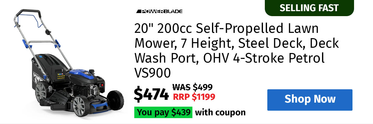 POWERBLADE 20" 200cc Self-Propelled Lawn Mower, 7 Height, Steel Deck, Deck Wash Port, OHV 4-Stroke Petrol - VS900