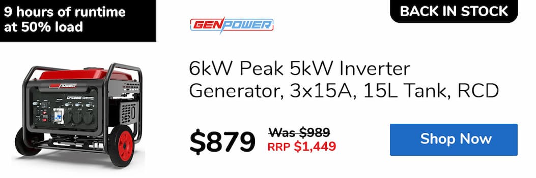 6kW Peak 5kW Inverter Generator, 3x15A, 15L Tank, RCD