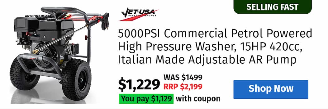 JET-USA 5000PSI Commercial Petrol Powered High Pressure Washer, 15HP 420cc, Italian Made Adjustable AR Pump, 20m Hose - TX870