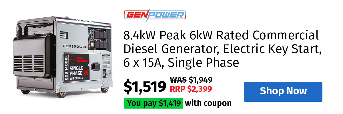 GENPOWER 8.4kW Peak 6kW Rated Commercial Diesel Generator, Electric Key Start, 6 x 15A, Single Phase