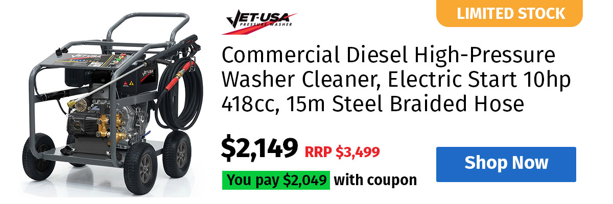 JET-USA Commercial Diesel High-Pressure Washer Cleaner, Electric Start 10hp 418cc, 15m Steel Braided Hose, Adjustable Triplex Pump - DX800
