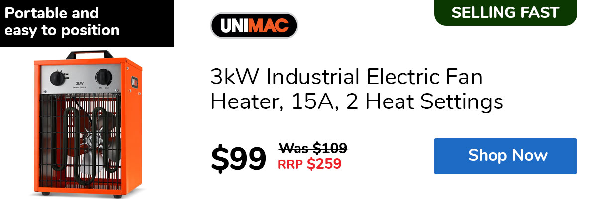 3kW Industrial Electric Fan Heater, 15A, 2 Heat Settings