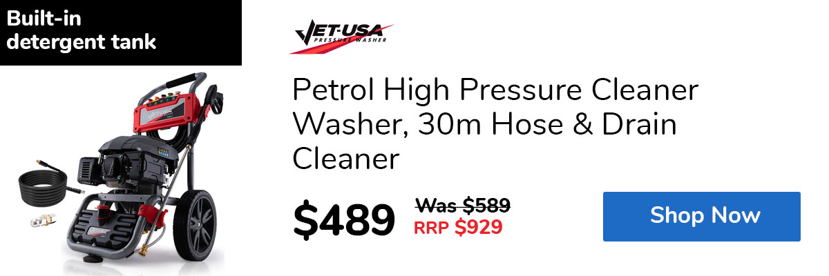 Petrol High Pressure Cleaner Washer, 30m Hose & Drain Cleaner