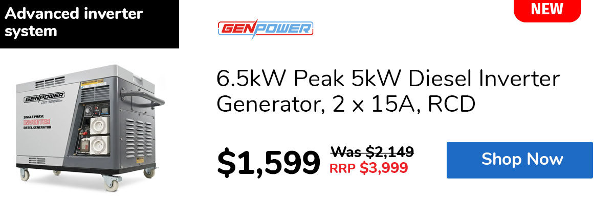 6.5kW Peak 5kW Diesel Inverter Generator, 2 x 15A, RCD