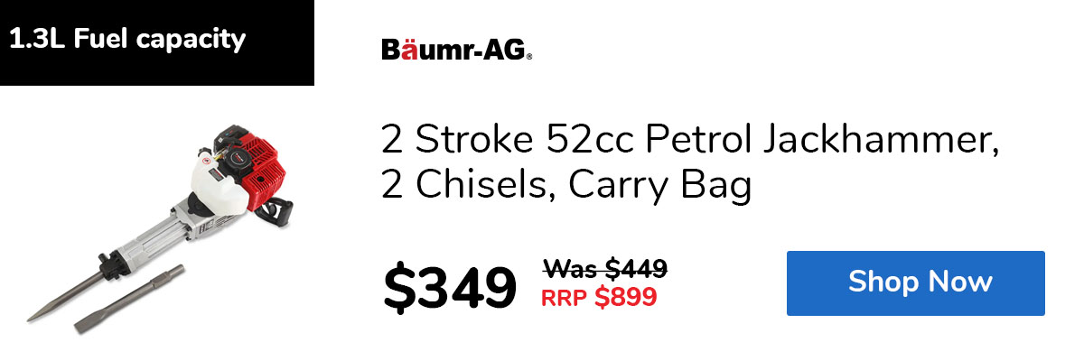 2 Stroke 52cc Petrol Jackhammer, 2 Chisels, Carry Bag