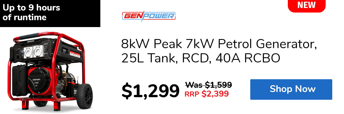 8kW Peak 7kW Petrol Generator, 25L Tank, RCD, 40A RCBO