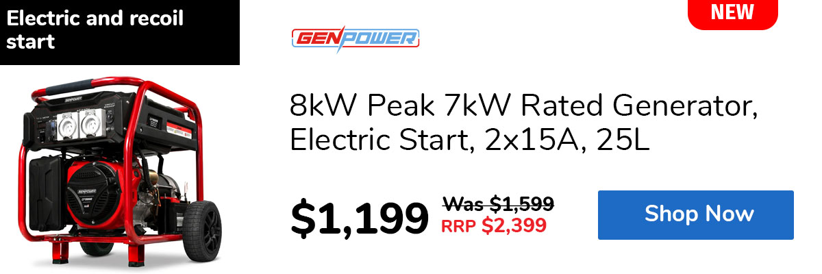 8kW Peak 7kW Rated Generator, Electric Start, 2x15A, 25L