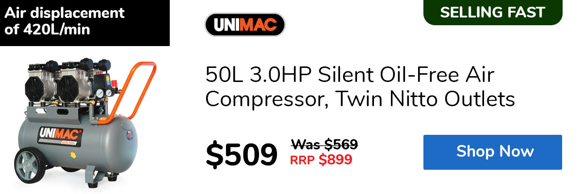 50L 3.0HP Silent Oil-Free Air Compressor, Twin Nitto Outlets