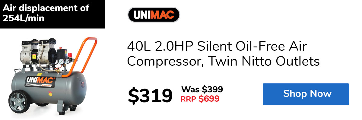 40L 2.0HP Silent Oil-Free Air Compressor, Twin Nitto Outlets