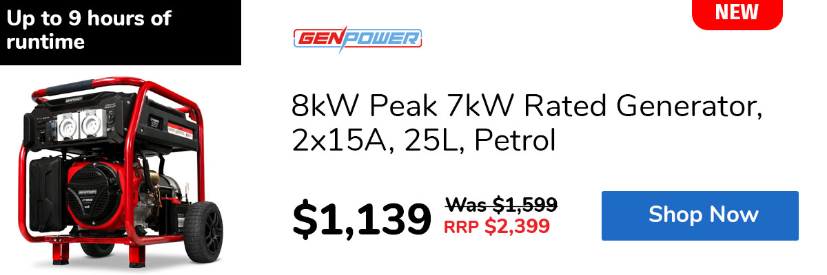 8kW Peak 7kW Rated Generator, 2x15A, 25L, Petrol