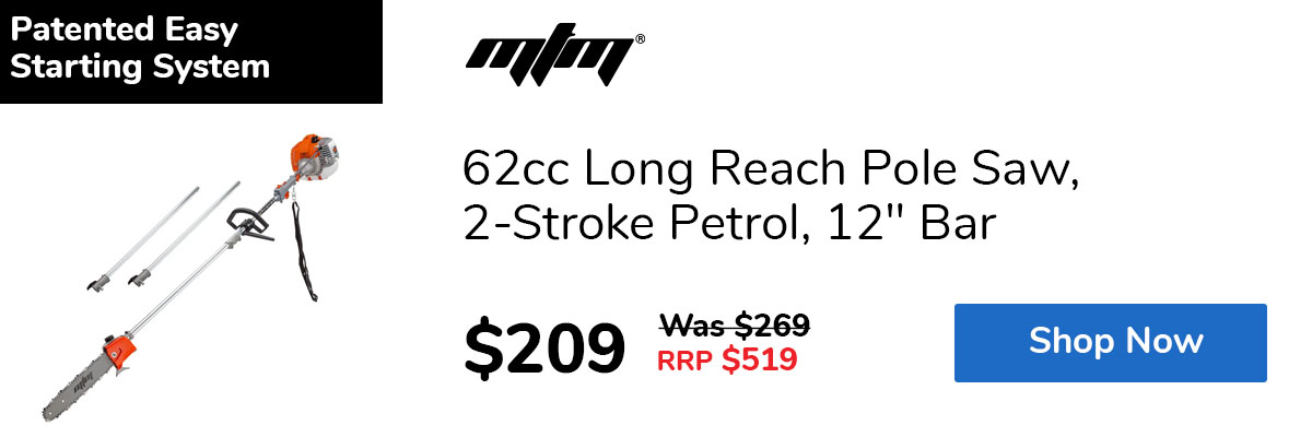 62cc Long Reach Pole Saw, 2-Stroke Petrol, 12" Bar