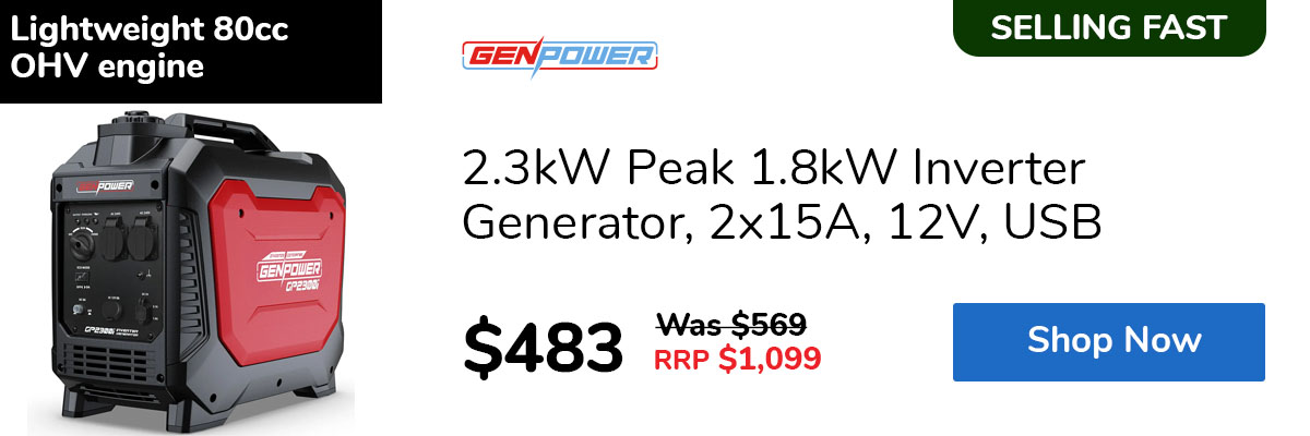 2.3kW Peak 1.8kW Inverter Generator, 2x15A, 12V, USB