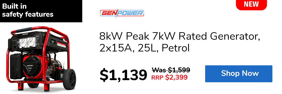 8kW Peak 7kW Rated Generator, 2x15A, 25L, Petrol