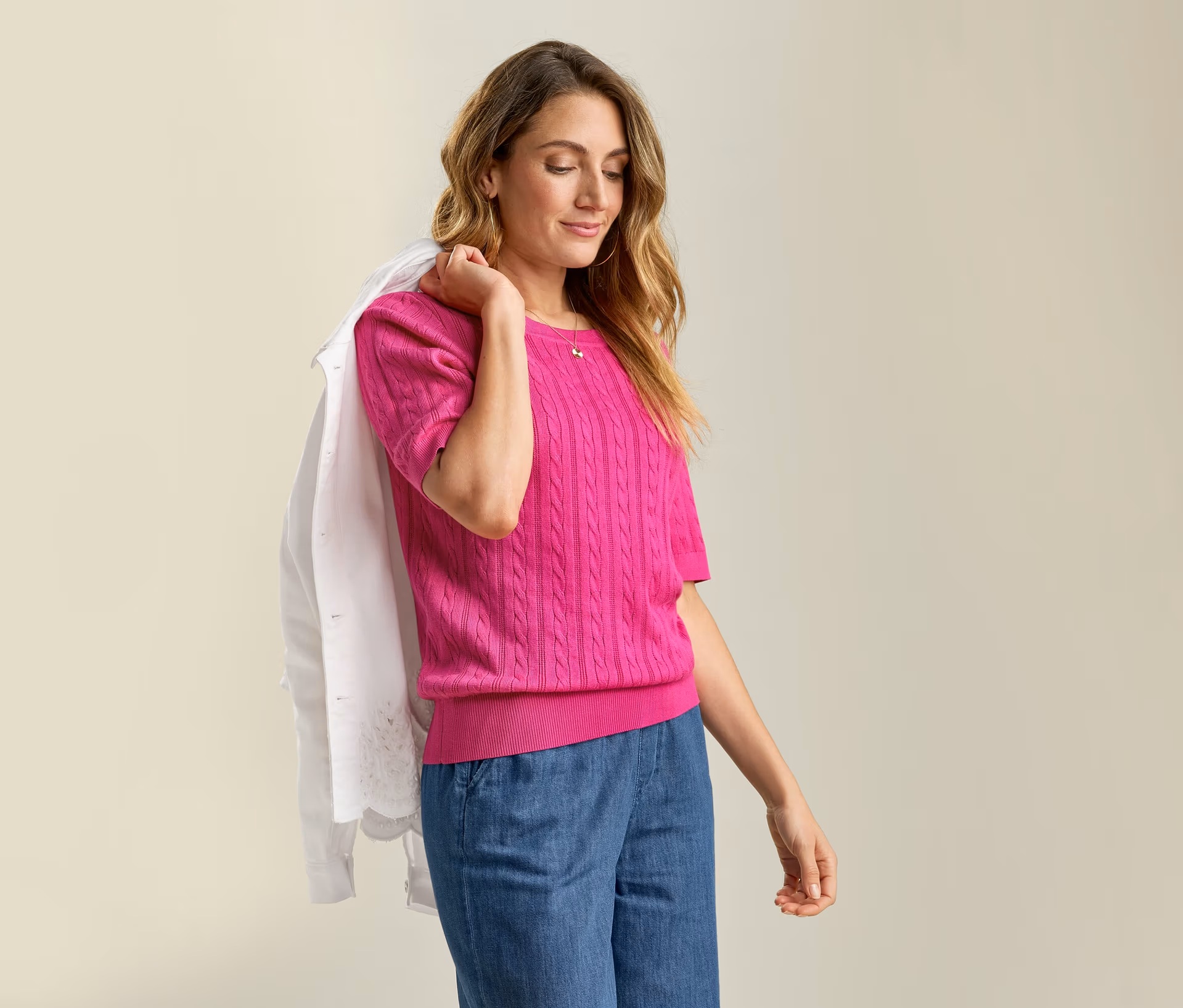 Feinstrickpullover mit Zopfmuster, pink