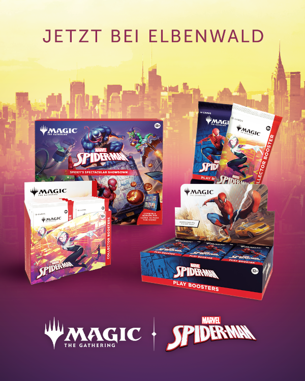 Mehrere Magic: The Gathering Produkte im Marvel Spider-Man Design sind vor einer gelb-lila Stadtkulisse aufgebaut, darunter Play Booster, Collector Booster und ein Spidey’s Spectacular Showdown Set. Text: „Jetzt bei Elbenwald – Magic: The Gathering | Marvel Spider-Man“.