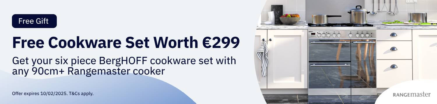 Free Cookware set worth €299 with your purchase of selected Rangemaster 90cm+ range cookers