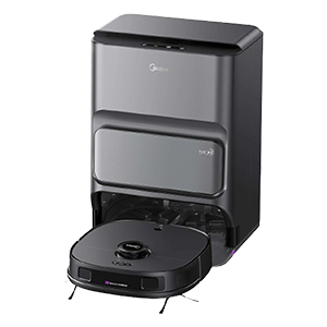 Black robotic vacuum cleaner with charging station.