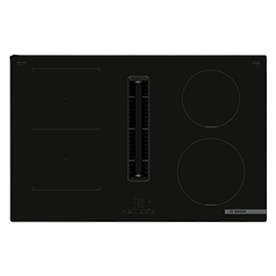 Black vented induction cooktop with four burners.