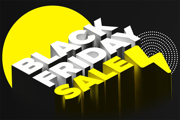 Bold 3D Black Friday Sale text, yellow background.