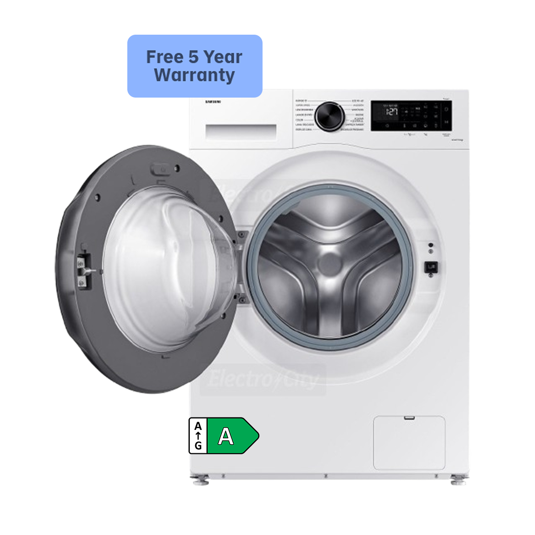 Front-loading washing machine, door open.