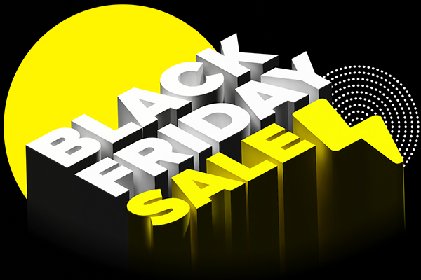 Black Friday Sale graphic with 3D text and lightning bolt.
