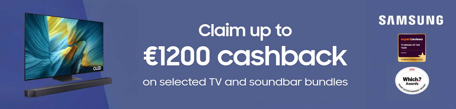 Samsung TV cashback offer, OLED TV displayed.