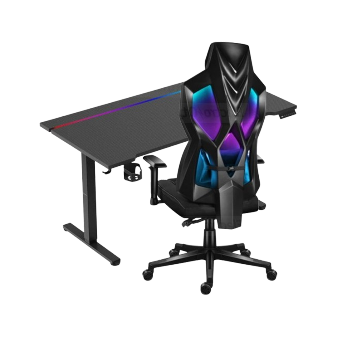 Futuristic gaming chair and gaming desk with LED lights.