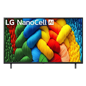 LG NanoCell TV with colorful woven pattern display.