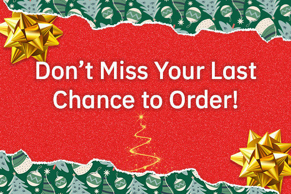 Festive order reminder with bows and tree design.