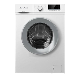 White front-load washing machine with control panel.