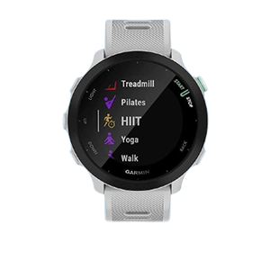 Smartwatch showing exercise options on screen.
