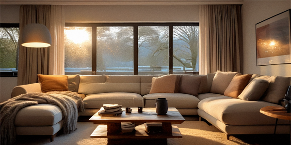 Cozy living room with sectional sofa, sunrise view.
