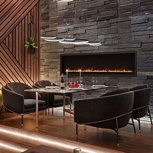 Modern dining area with stone wall and fireplace.