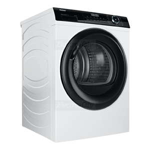 White front-load washing machine.