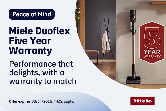 Miele Duoflex ad with five-year warranty offer.