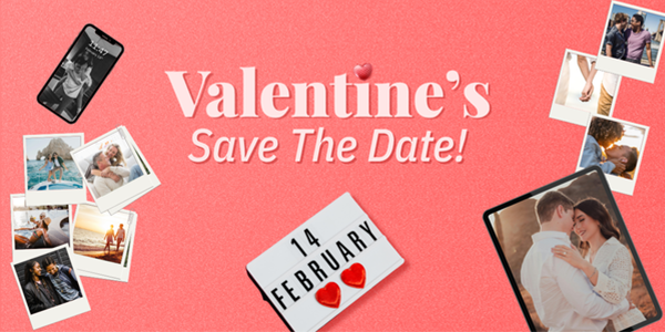 Valentine's Day announcement with photos and hearts.