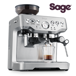 Sage stainless steel espresso machine in use.