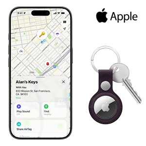 iPhone with map and AirTag on keyring.