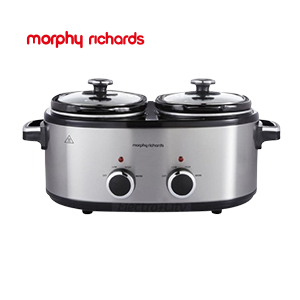 Stainless steel twin slow cooker with dials.